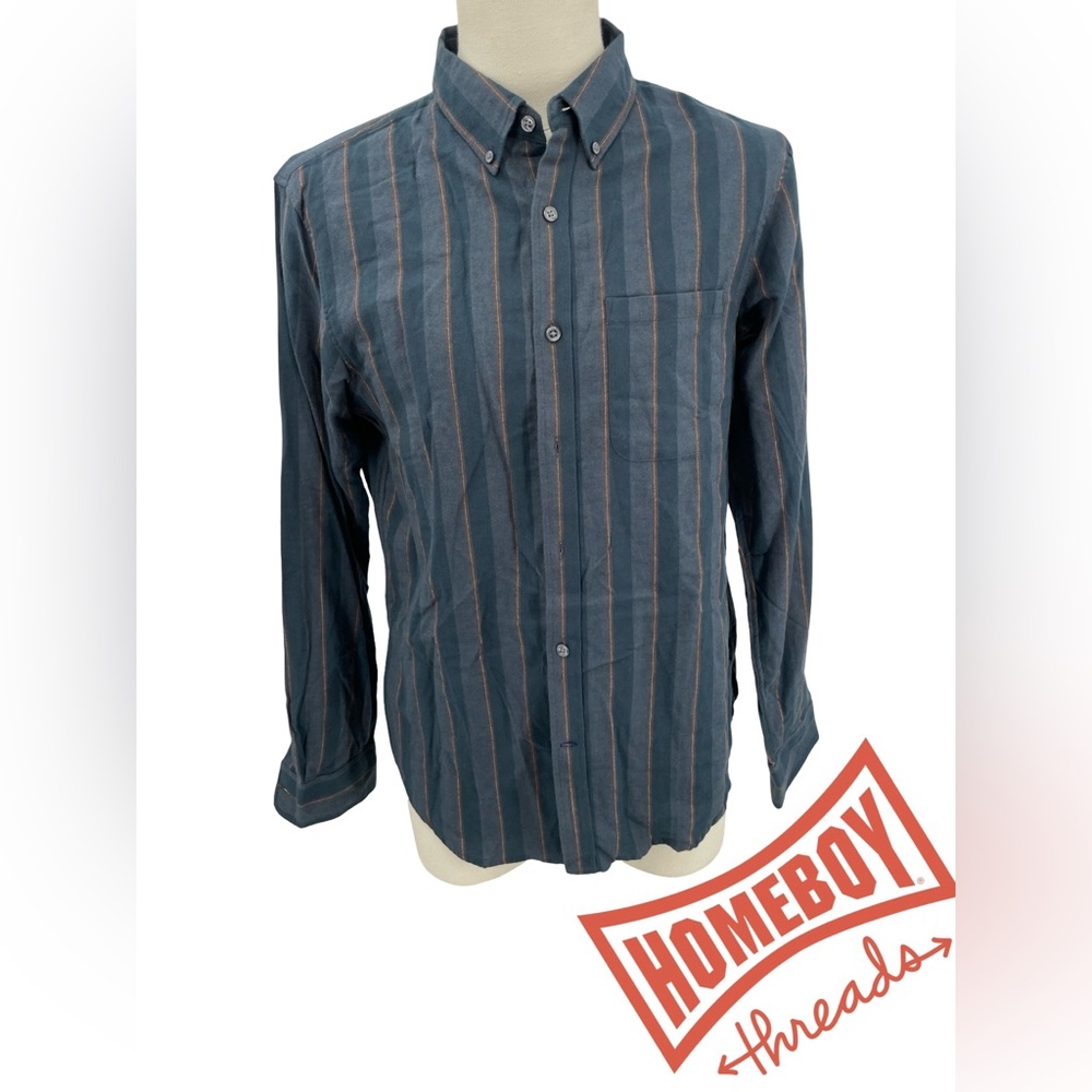 Club Monaco Men's Gray and Brown Striped Shirt